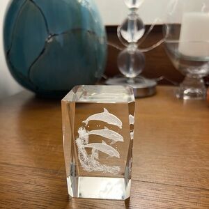 Crystal Glass Block 3D Etched  Dolphin Paperweight